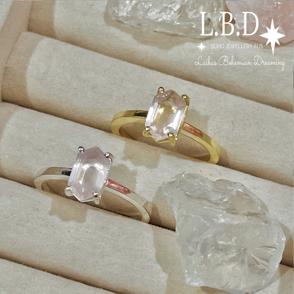 Laihas Mini Hex Crystal Rose Quartz Ring Gemstone Sterling Silver Ring Laihas Bohemian Dreaming -L.B.D