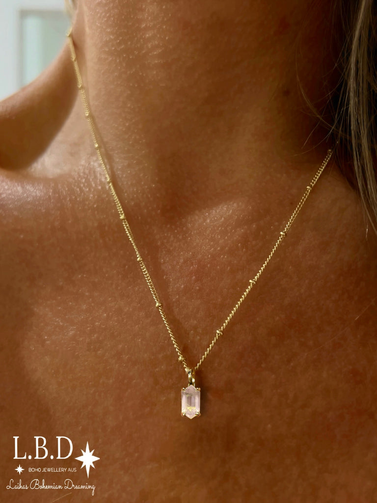 Laihas Mini Hex Crystal Gold Rose Quartz Necklace Gold Gemstone Necklace Laihas Bohemian Dreaming -L.B.D