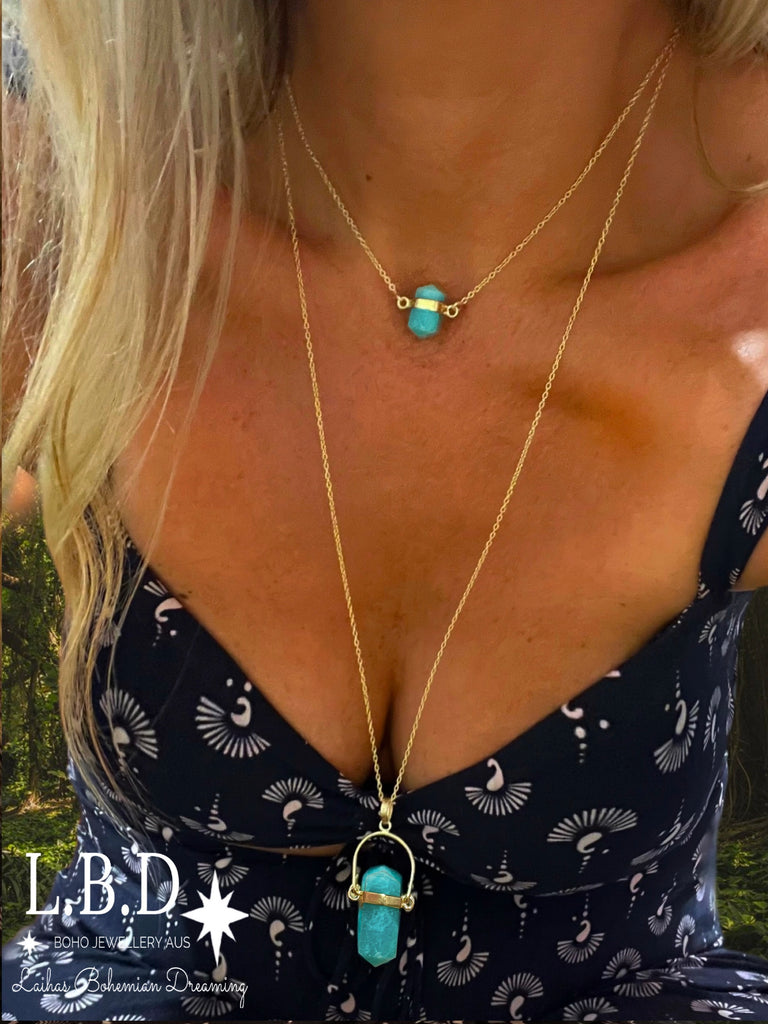 Laihas Large Crystal Kindness Gold Amazonite Necklace- Long Crystal Necklace Gold Gemstone Necklace Laihas Bohemian Dreaming -L.B.D