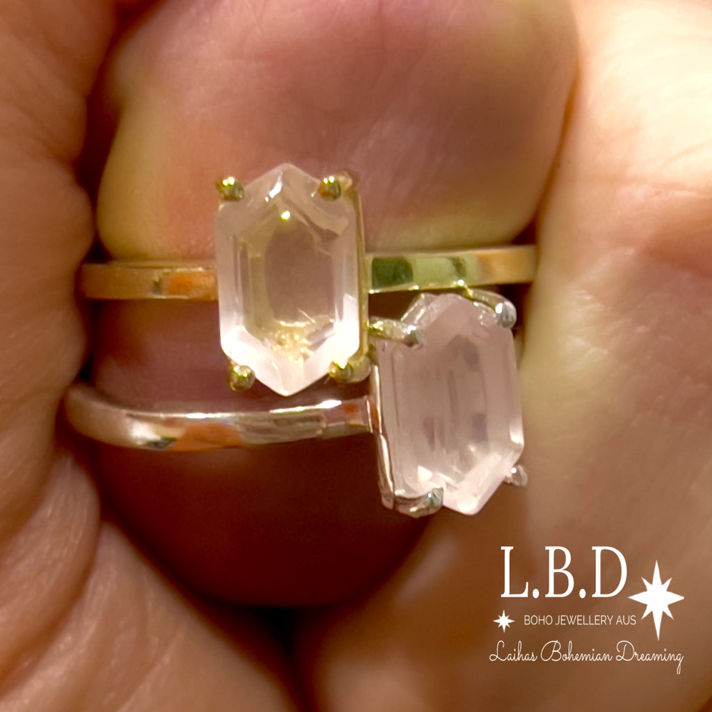 Laihas Gold Mini Hex Crystal Rose Quartz Ring Gemstone Gold Ring Laihas Bohemian Dreaming -L.B.D