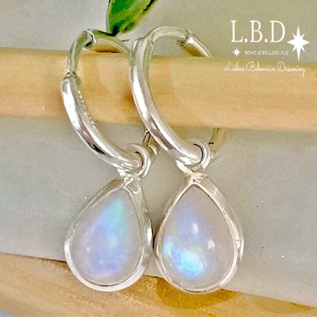 Laihas Classic Chic Raindrop Moonstone Hoop Earrings Gemstone Sterling Silver Earrings Laihas Bohemian Dreaming -L.B.D