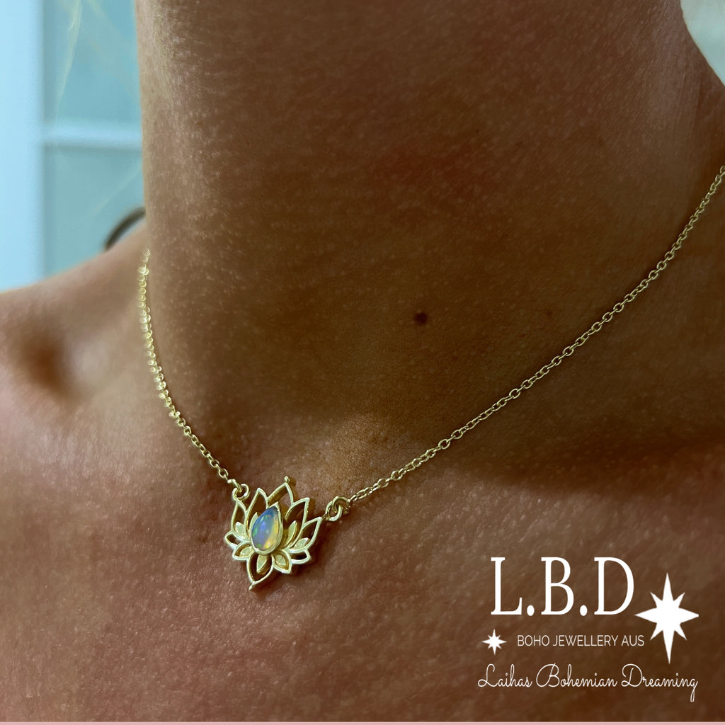 Laihas Lotus Flower Choker Style Opal Necklace-Gold Gold Gemstone Necklace Laihas Bohemian Dreaming -L.B.D