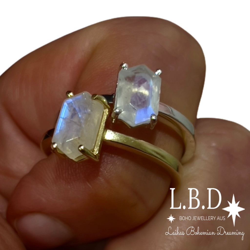 Laihas Mini Hex Crystal Moonstone Ring Gemstone Sterling Silver Ring Laihas Bohemian Dreaming -L.B.D