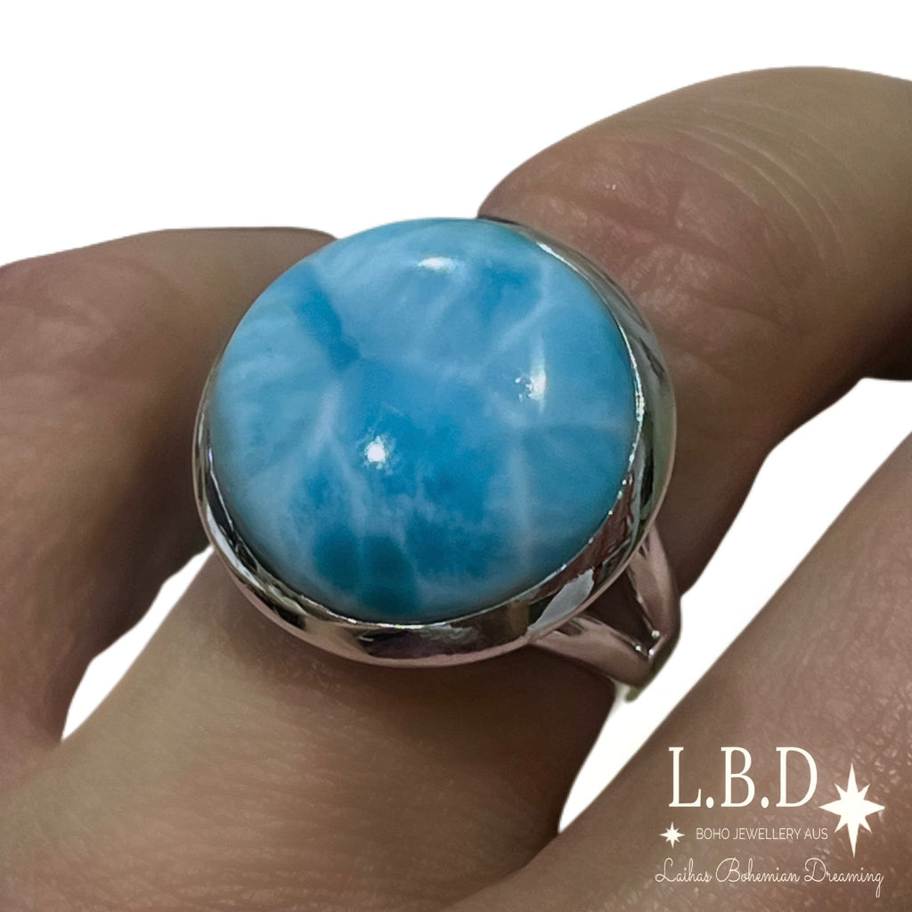 Larimar Ring- Large Round Classic Chic Gemstone Sterling Silver Ring Laihas Bohemian Dreaming -L.B.D