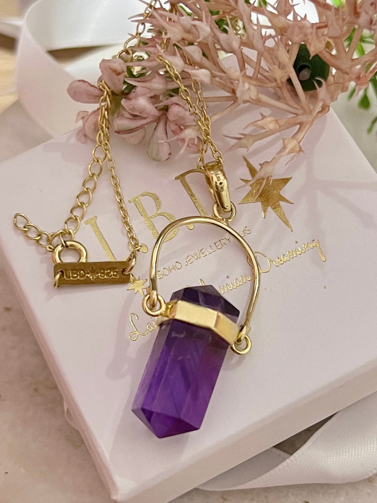 Laihas Large Crystal Kindness Gold Amethyst Necklace- Long Crystal Necklace Gold Gemstone Necklace Laihas Bohemian Dreaming -L.B.D