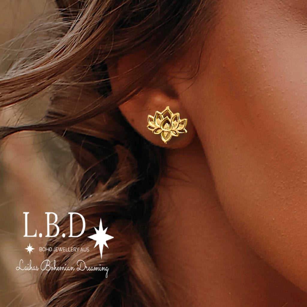 Laihas Boho Chic Lotus Flower Studs - Gold Vermeil Gold Earrings Laihas Bohemian Dreaming -L.B.D