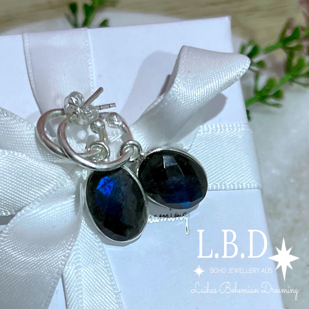 Laihas Iridescent Labradorite Hoop Earrings Gemstone Sterling Silver Earrings Laihas Bohemian Dreaming -L.B.D