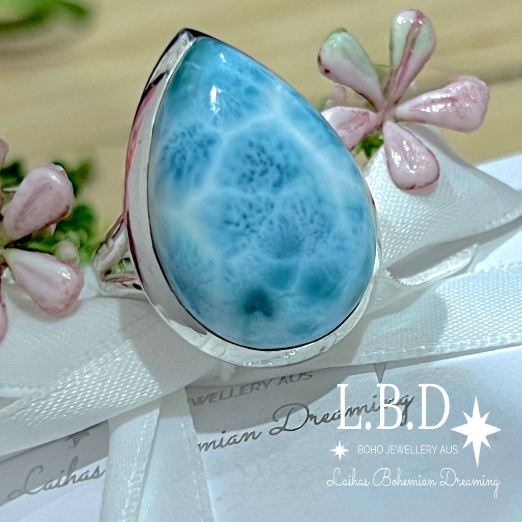 Larimar Ring- Laihas XLARGE Classic Boho Raindrop Gemstone Sterling Silver Ring Laihas Bohemian Dreaming -L.B.D