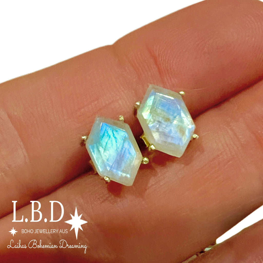 Laihas Miraculous Hexagon Moonstone Gold Stud Earrings Gold Gemstone earrings Laihas Bohemian Dreaming -L.B.D