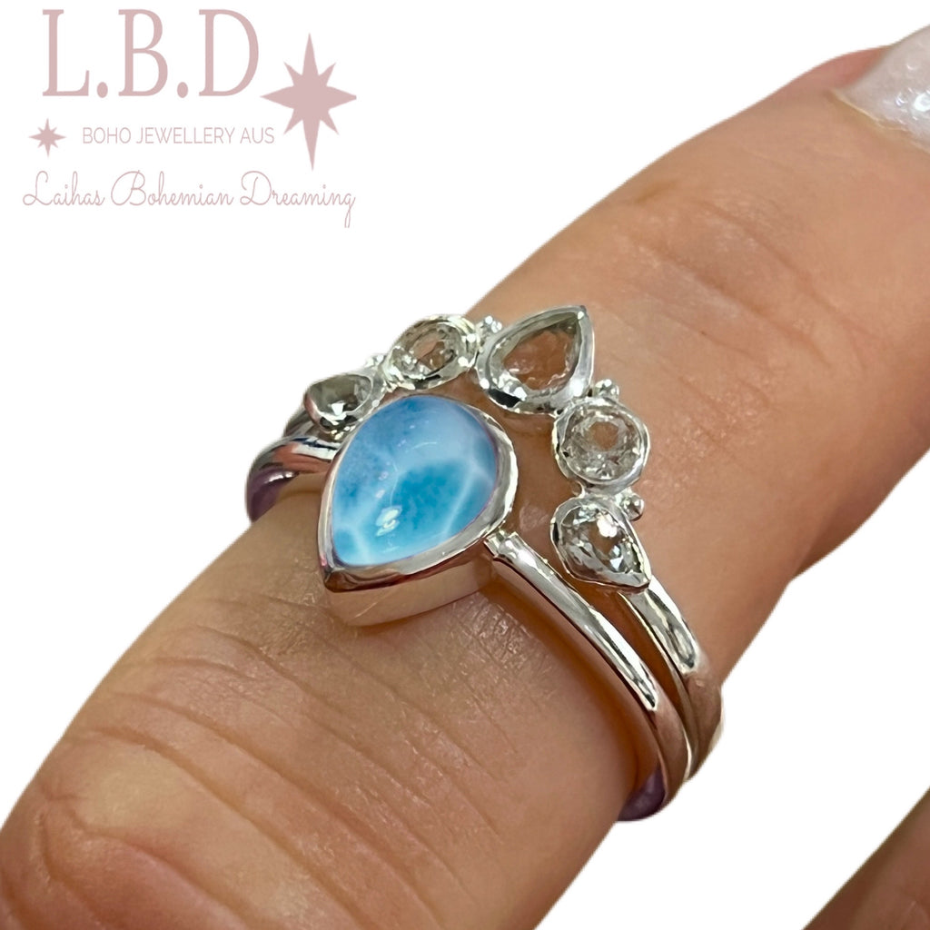 Laihas Queen Of Cups Topaz and Larimar Ring Set Gemstone Sterling Silver Ring Laihas Bohemian Dreaming -L.B.D