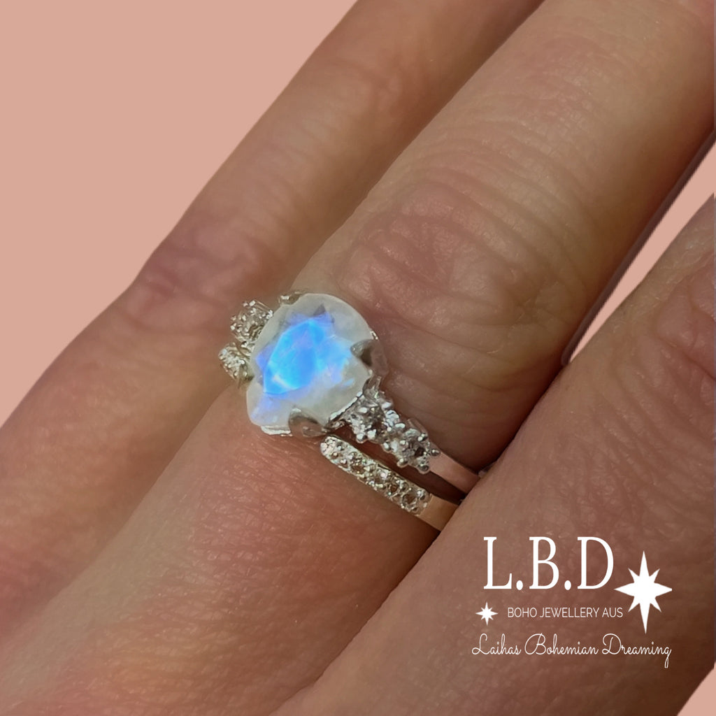 Moonstone Ring Set- Luxury Magical Moonstone and Topaz Ring Set Gemstone Sterling Silver Ring Laihas Bohemian Dreaming -L.B.D
