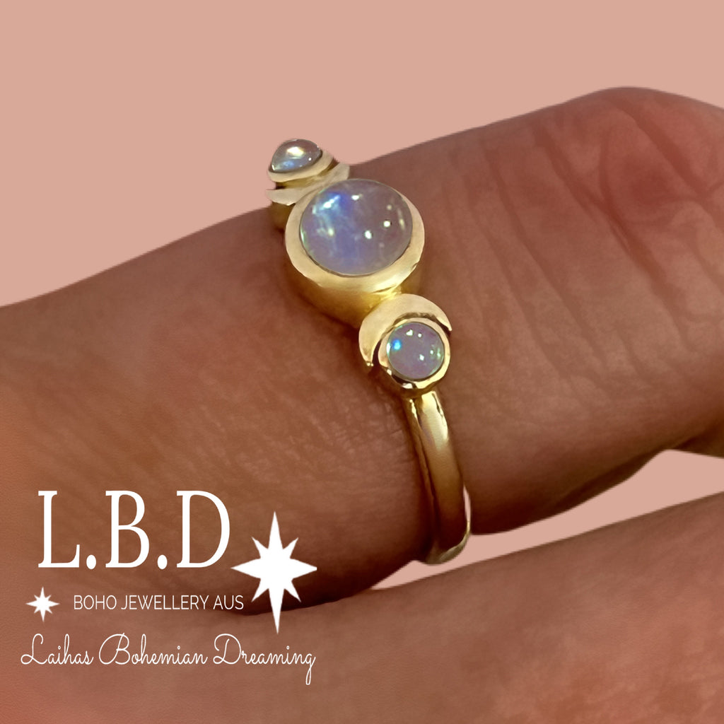 Laihas Moon Tribe Crystal Gold Moonstone Ring Gold gemstone Ring Laihas Bohemian Dreaming -L.B.D