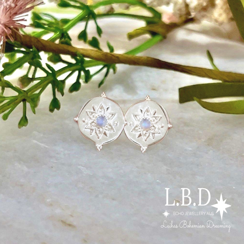 Laihas Intricate Vera May Moonstone Stud Earrings Gemstone Sterling Silver Earrings Laihas Bohemian Dreaming -L.B.D