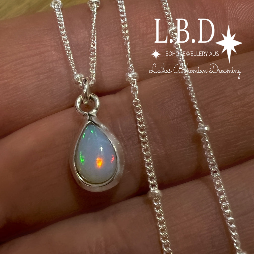 Laihas Classic Chic Raindrop Opal Necklace Gemstone Sterling Silver necklace Laihas Bohemian Dreaming -L.B.D