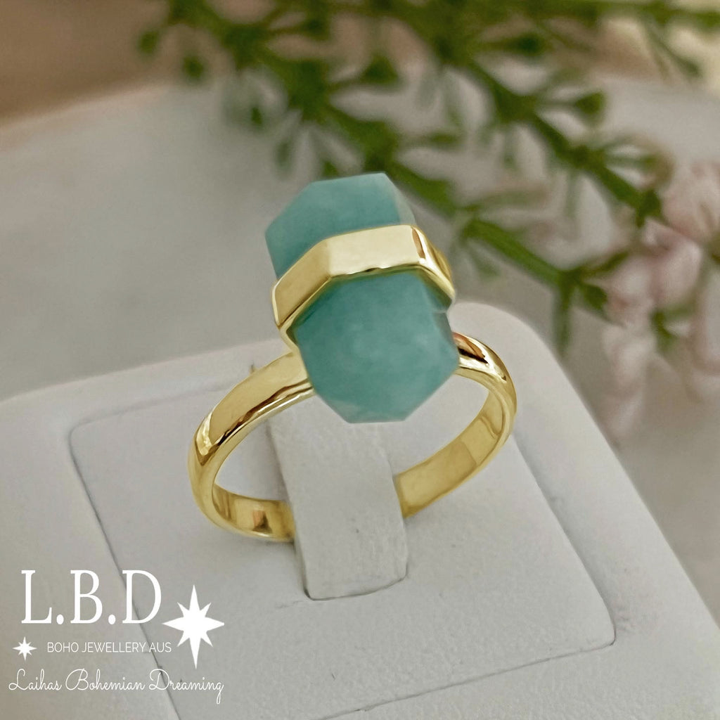 Laihas Gold Crystal Kindness Amazonite Ring Gemstone Gold Ring Laihas Bohemian Dreaming -L.B.D