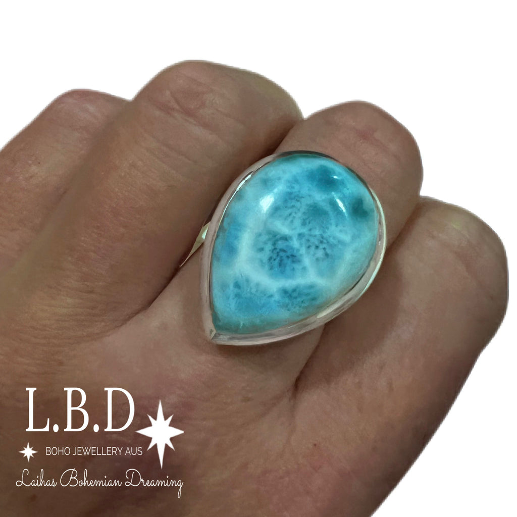 Larimar Ring- Laihas XLARGE Classic Boho Raindrop Gemstone Sterling Silver Ring Laihas Bohemian Dreaming -L.B.D