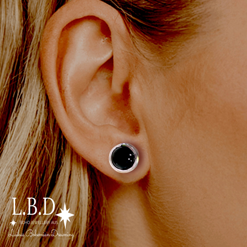 Laihas Classic Round Onyx Stud Earrings Gemstone Sterling Silver Earrings Laihas Bohemian Dreaming -L.B.D