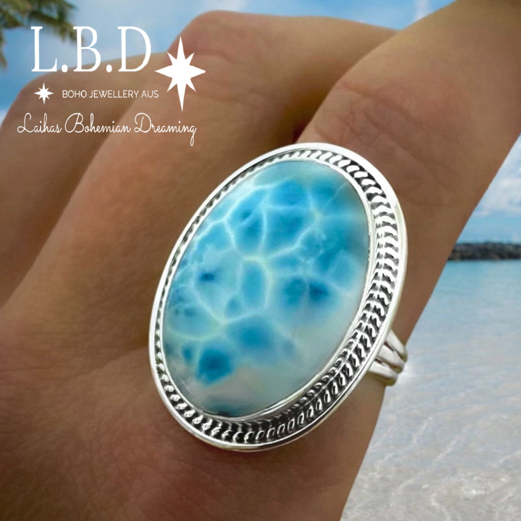 XLARGE Larimar Ring- Gleaming Boho Statement Ring Gemstone Sterling Silver Ring Laihas Bohemian Dreaming -L.B.D