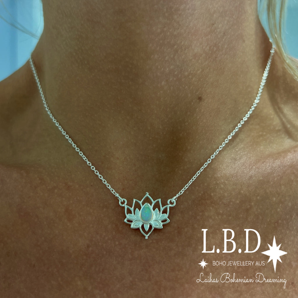 Laihas Opulent Lotus Flower Choker Style Opal Necklace Gemstone Sterling Silver necklace Laihas Bohemian Dreaming -L.B.D