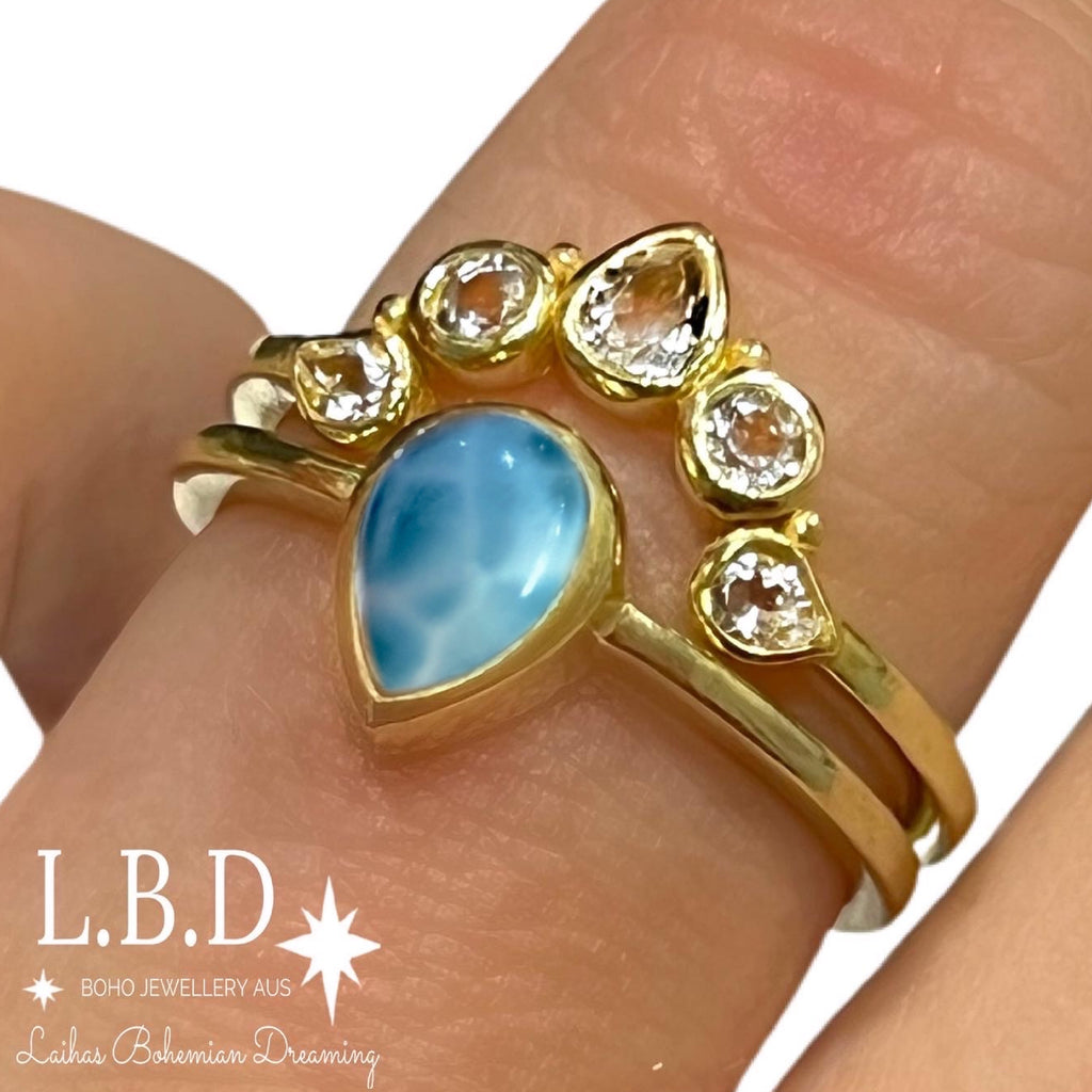 Laihas Queen Of Cups Gold Topaz and Larimar Ring Set Gold gemstone Ring Laihas Bohemian Dreaming -L.B.D