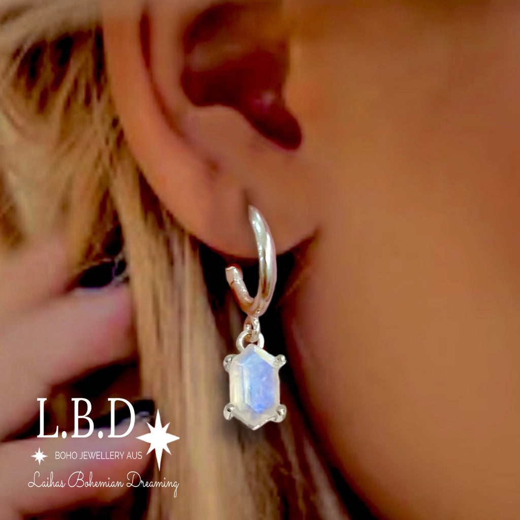 Laihas Miraculous Hexagon Moonstone Hoop Earrings Gemstone Sterling Silver Earrings Laihas Bohemian Dreaming -L.B.D