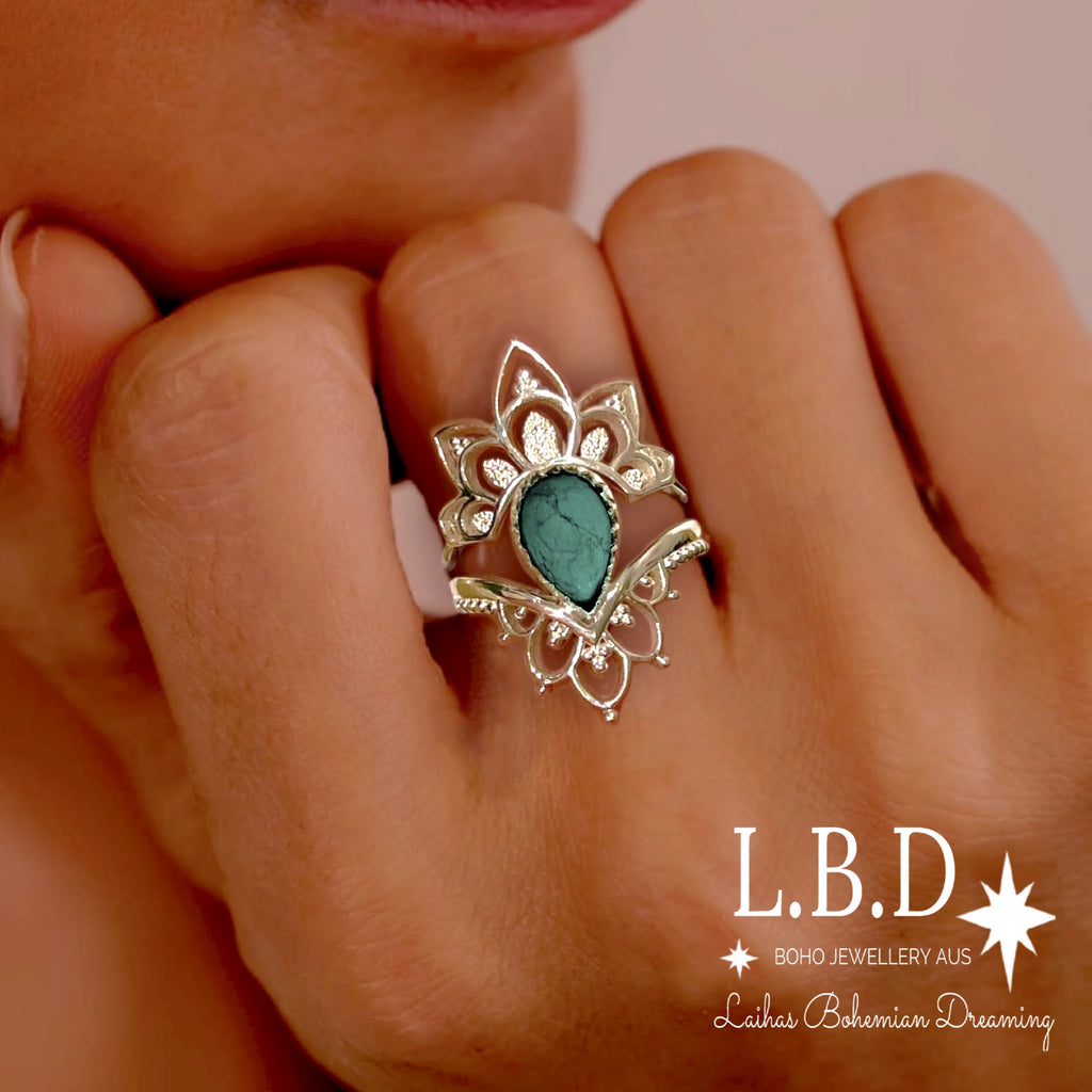 Turquoise Ring Set- Daisly Boho Gemstone Sterling Silver Ring Laihas Bohemian Dreaming -L.B.D