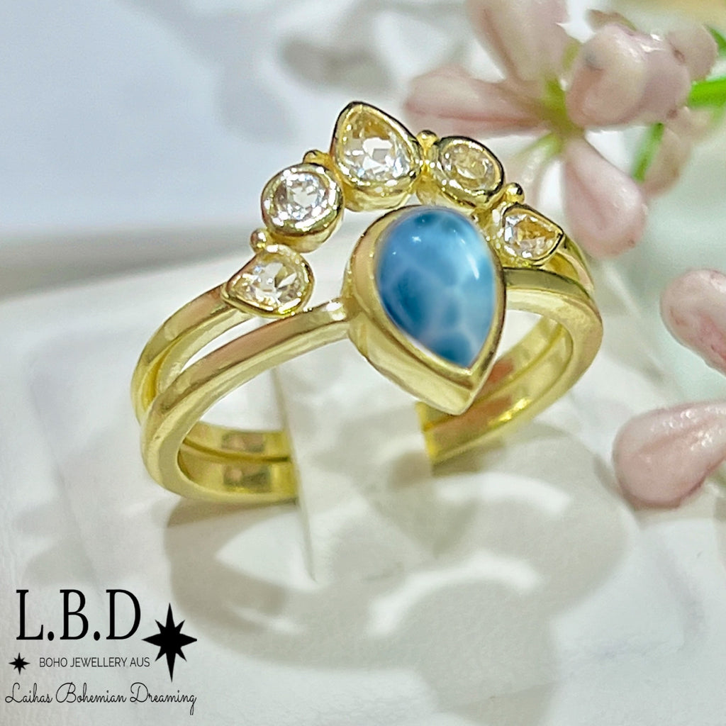 Laihas Queen Of Cups Gold Topaz and Larimar Ring Set Gold gemstone Ring Laihas Bohemian Dreaming -L.B.D