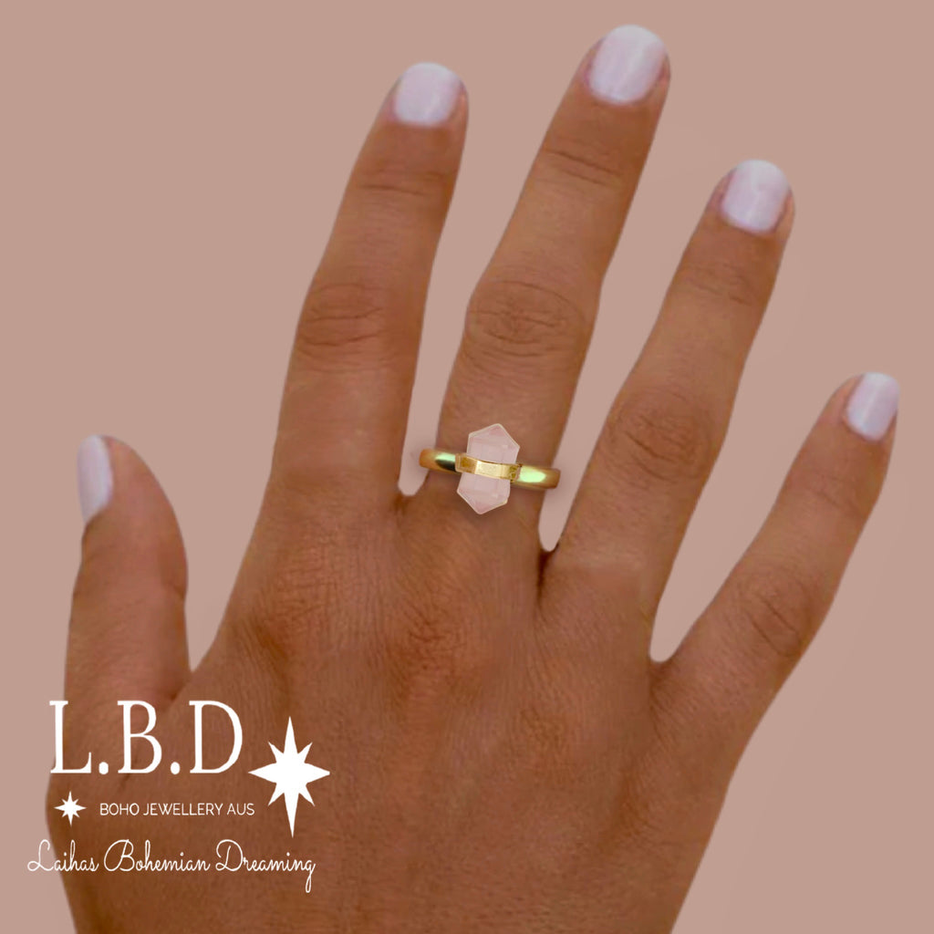 Laihas Gold Crystal Kindness Rose Quartz Ring Gemstone Gold Ring Laihas Bohemian Dreaming -L.B.D