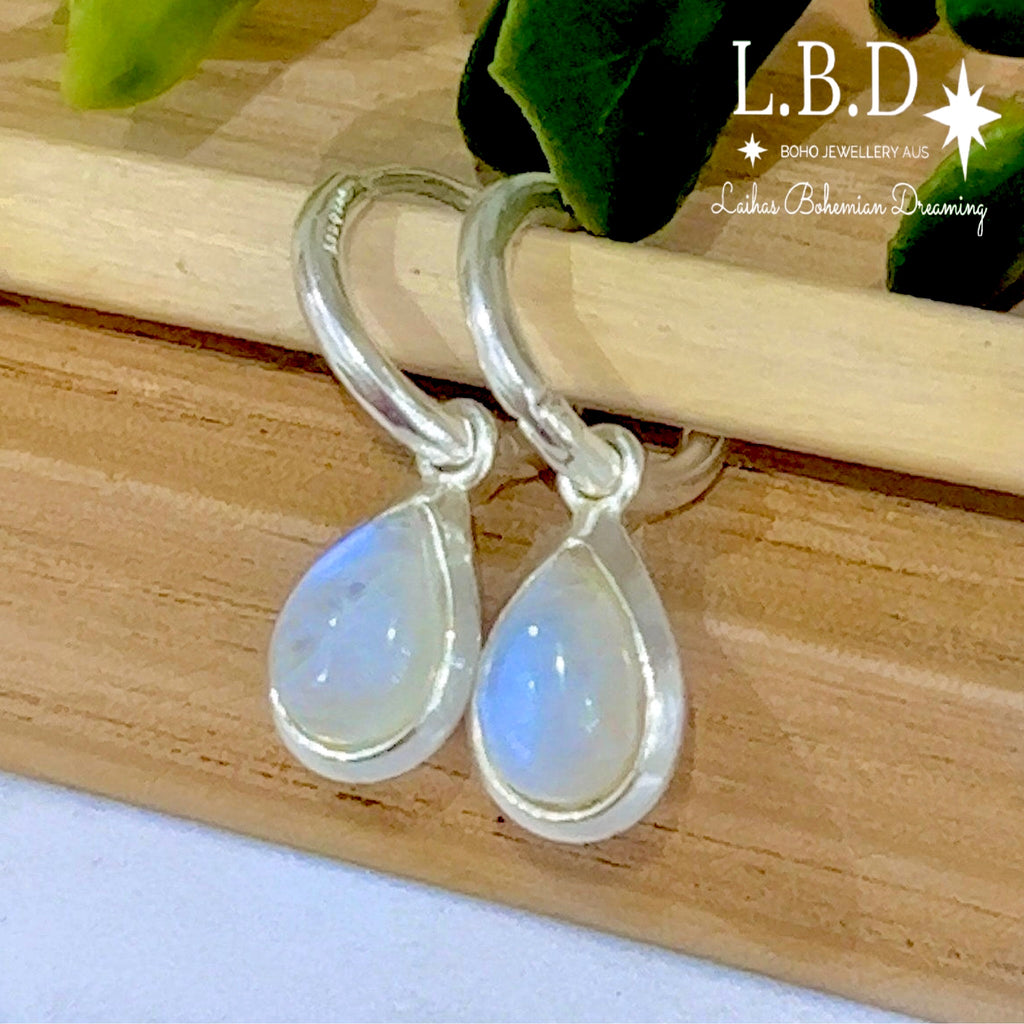 Laihas Classic Chic Raindrop Moonstone Hoop Earrings Gemstone Sterling Silver Earrings Laihas Bohemian Dreaming -L.B.D
