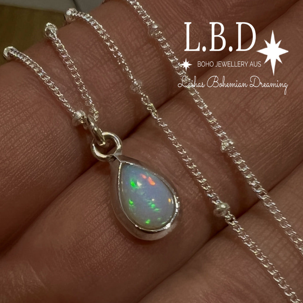 Laihas Classic Chic Raindrop Opal Necklace Gemstone Sterling Silver necklace Laihas Bohemian Dreaming -L.B.D