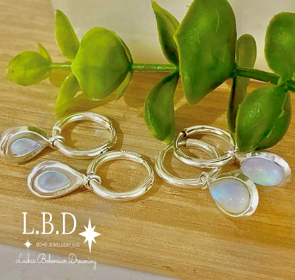 Laihas Classic Chic Raindrop Moonstone Hoop Earrings Gemstone Sterling Silver Earrings Laihas Bohemian Dreaming -L.B.D