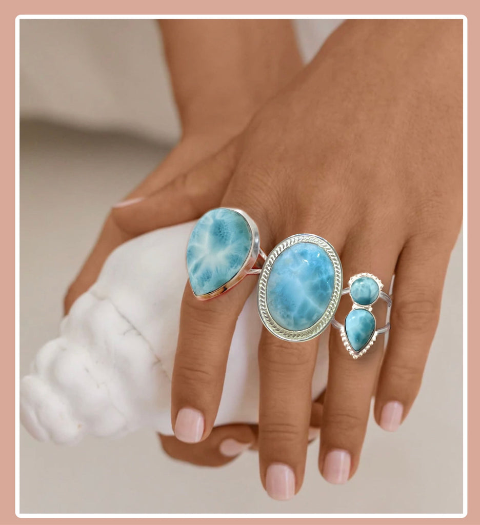 Larimar Ring- Laihas XLARGE Classic Boho Raindrop Gemstone Sterling Silver Ring Laihas Bohemian Dreaming -L.B.D