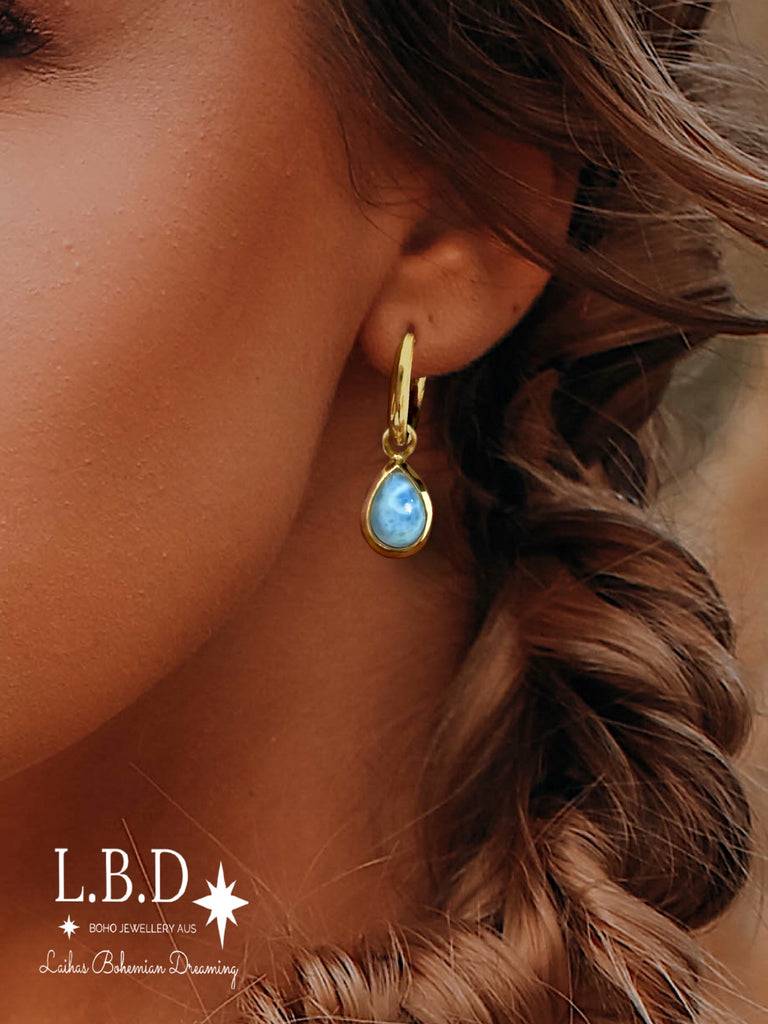 Laihas Classic Chic Raindrop Gold Larimar Hoop Earrings Gold Gemstone earrings Laihas Bohemian Dreaming -L.B.D