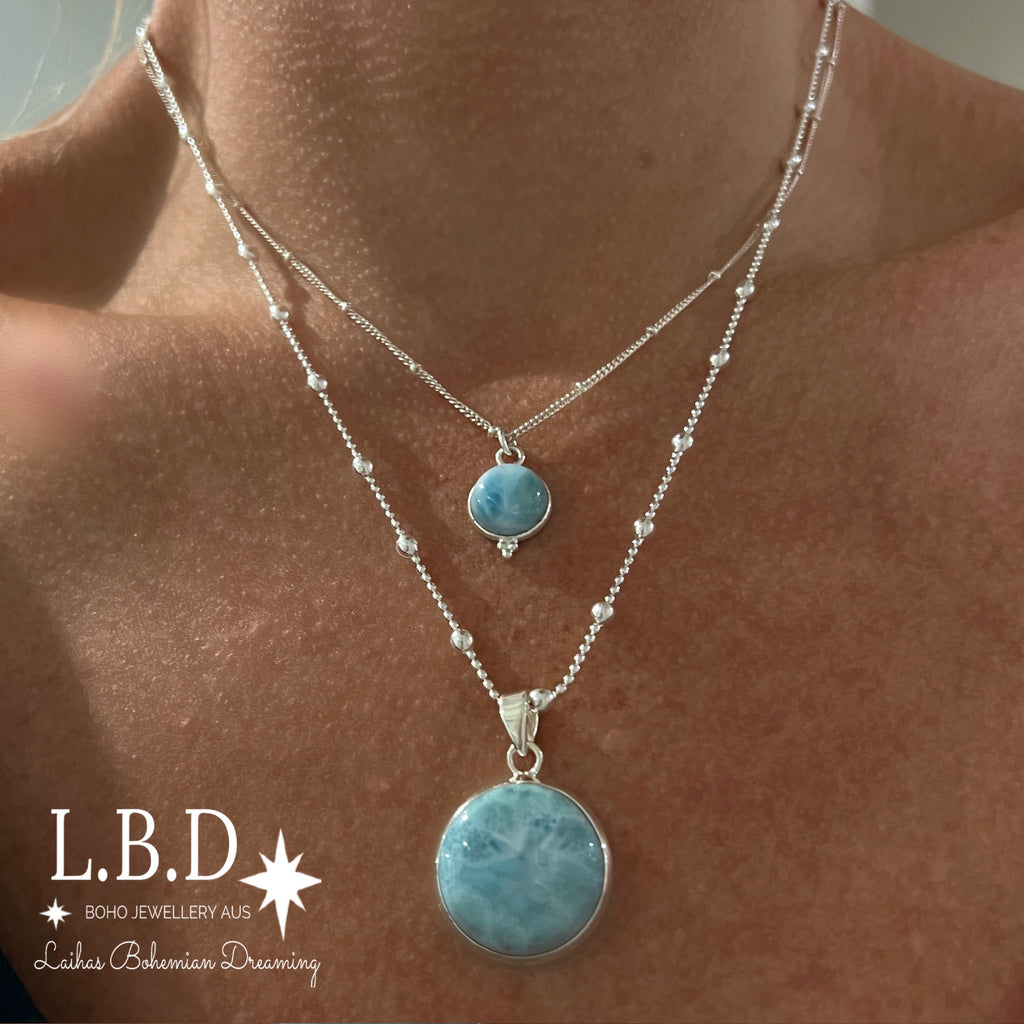 Laihas Classic Chic Round Larimar Necklace Gemstone Sterling Silver necklace Laihas Bohemian Dreaming -L.B.D