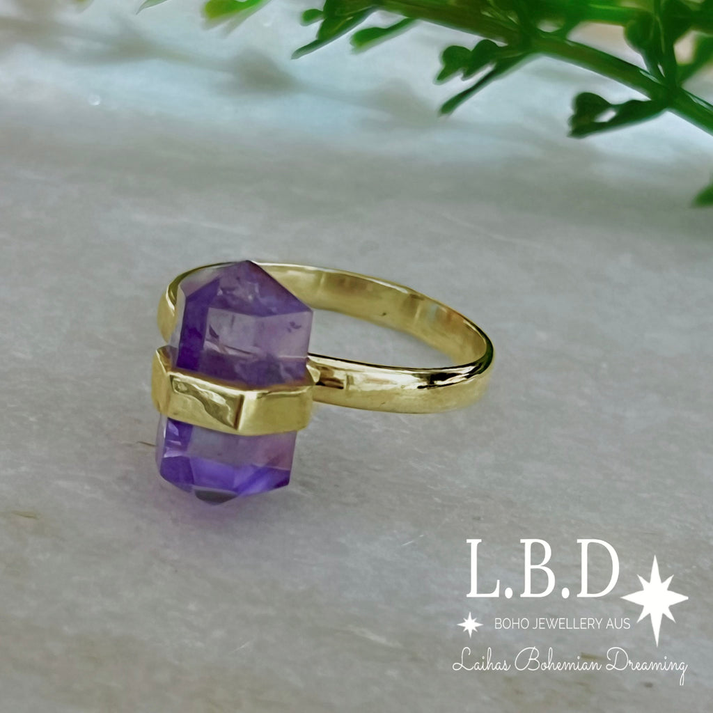 Laihas Gold Crystal Kindness Amethyst Ring Gemstone Gold Ring Laihas Bohemian Dreaming -L.B.D