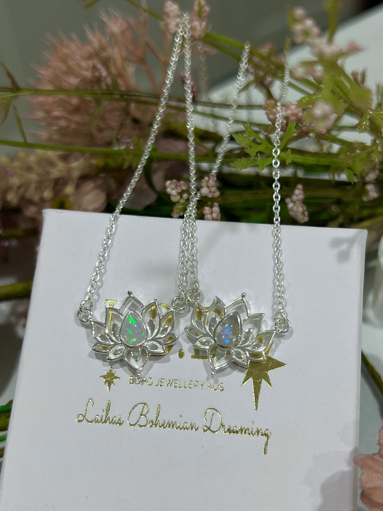 Laihas Opulent Lotus Flower Choker Style Opal Necklace Gemstone Sterling Silver necklace Laihas Bohemian Dreaming -L.B.D