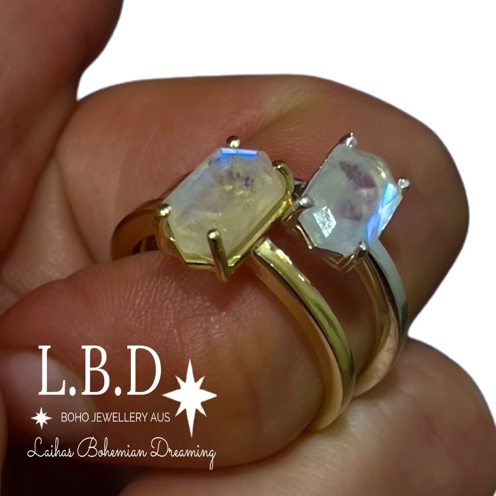 Laihas Mini Hex Crystal Moonstone Ring Gemstone Sterling Silver Ring Laihas Bohemian Dreaming -L.B.D