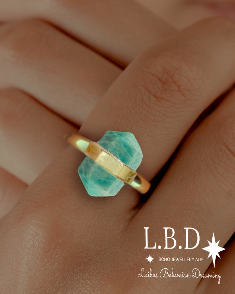 Laihas Gold Crystal Kindness Amazonite Ring Gemstone Gold Ring Laihas Bohemian Dreaming -L.B.D