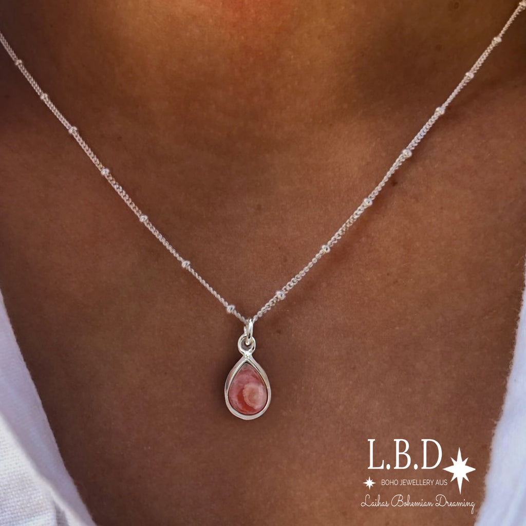 Laihas Mini Classic Chic Raindrop Rhodochrosite Necklace Gemstone Sterling Silver necklace Laihas Bohemian Dreaming -L.B.D