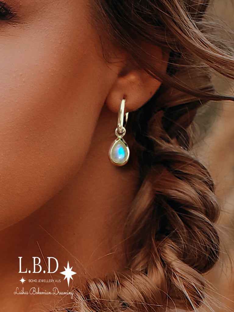 Laihas Classic Chic Raindrop Moonstone Hoop Earrings Gemstone Sterling Silver Earrings Laihas Bohemian Dreaming -L.B.D