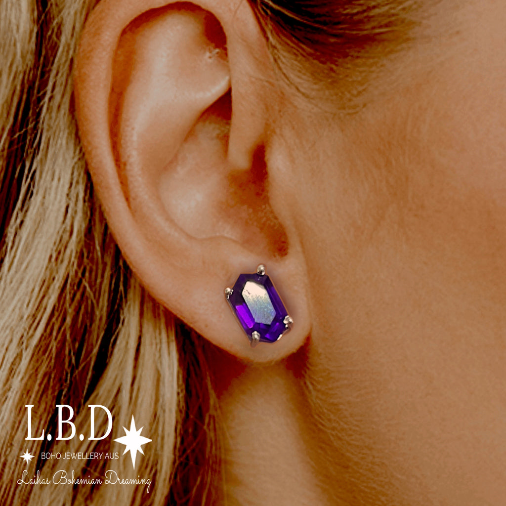 Laihas Hex Crystal Amethyst Stud Earrings Gemstone Sterling Silver Earrings Laihas Bohemian Dreaming -L.B.D