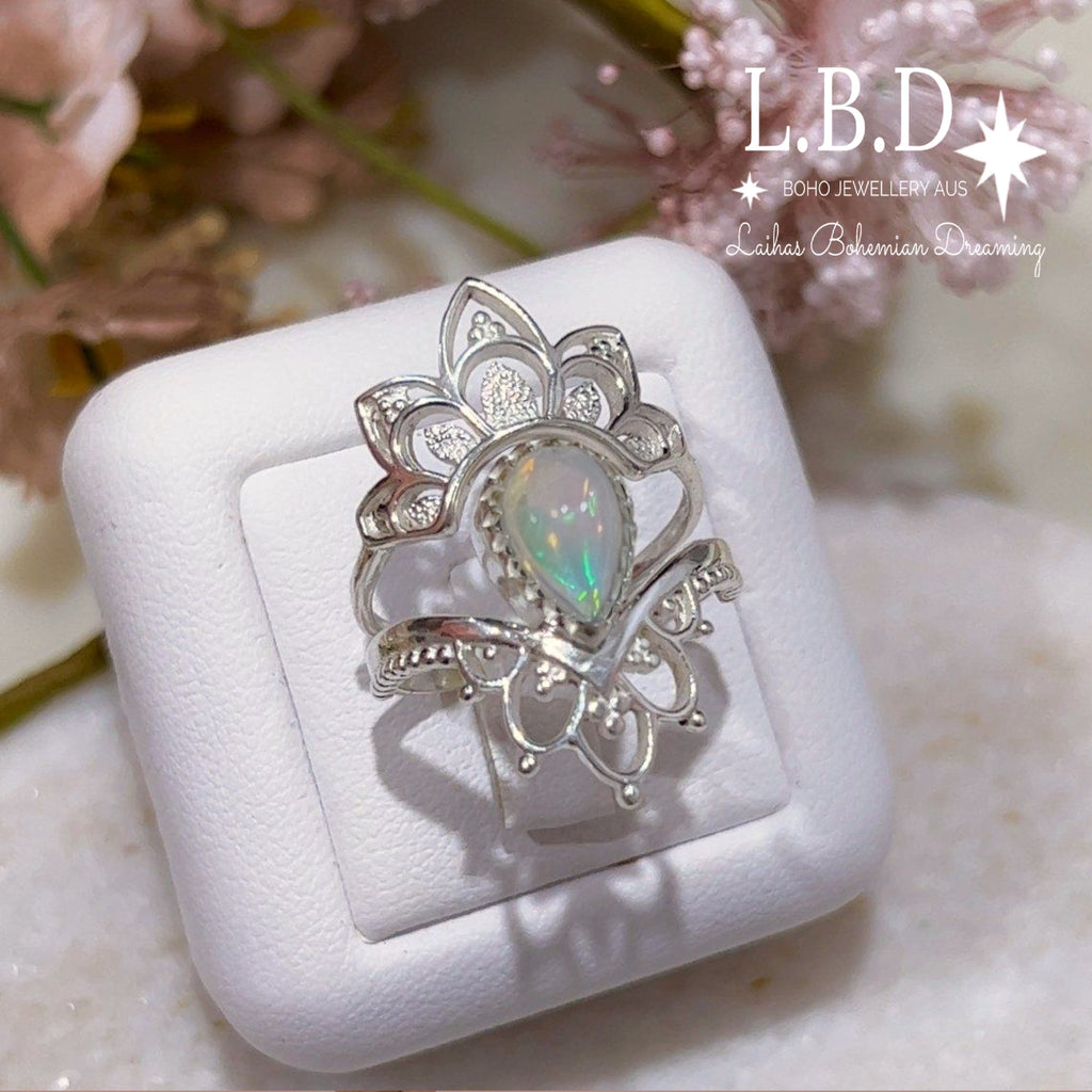 Laihas Daisly Boho Genuine Opal Ring Set Gemstone Sterling Silver Ring Laihas Bohemian Dreaming -L.B.D