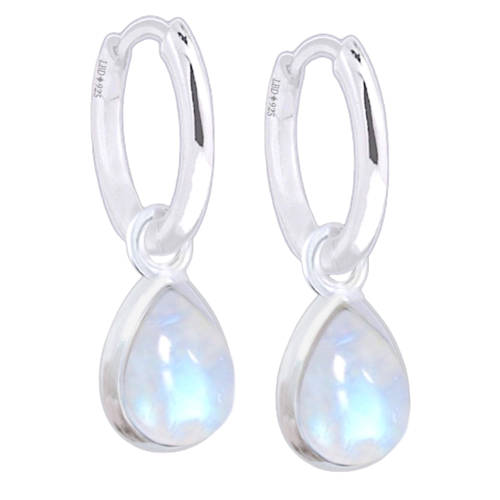Laihas Classic Chic Raindrop Moonstone Hoop Earrings Gemstone Sterling Silver Earrings Laihas Bohemian Dreaming -L.B.D