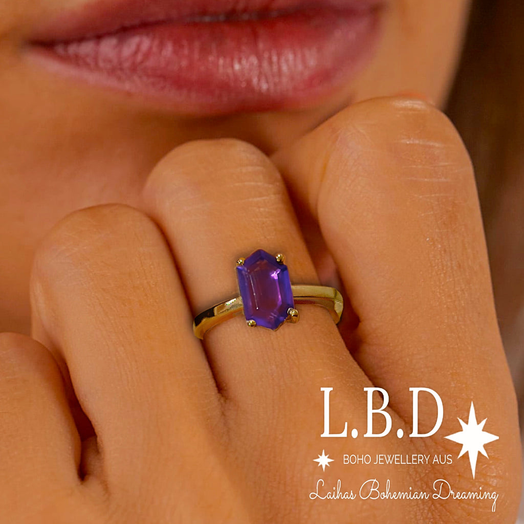 Laihas Gold Mini Hex Crystal Amethyst Ring Gemstone Gold Ring Laihas Bohemian Dreaming -L.B.D