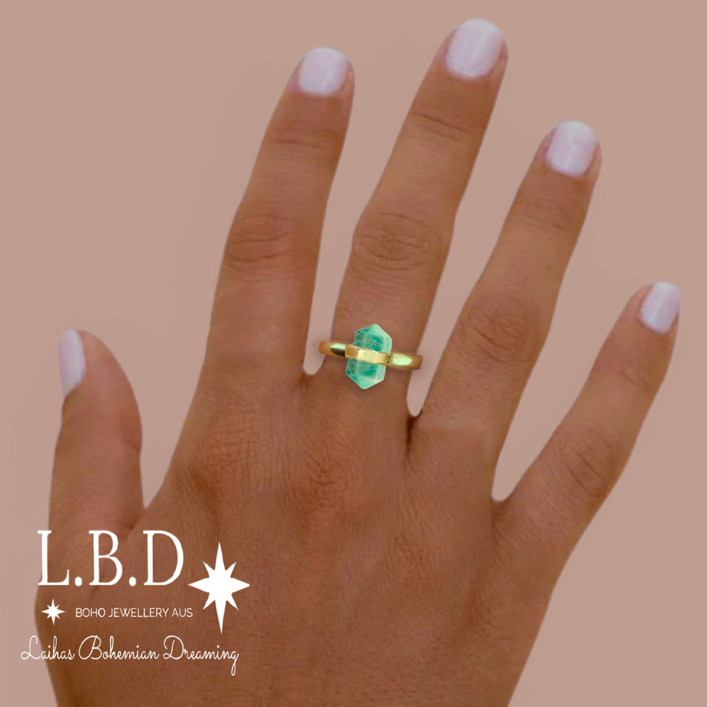 Laihas Gold Crystal Kindness Amazonite Ring Gemstone Gold Ring Laihas Bohemian Dreaming -L.B.D