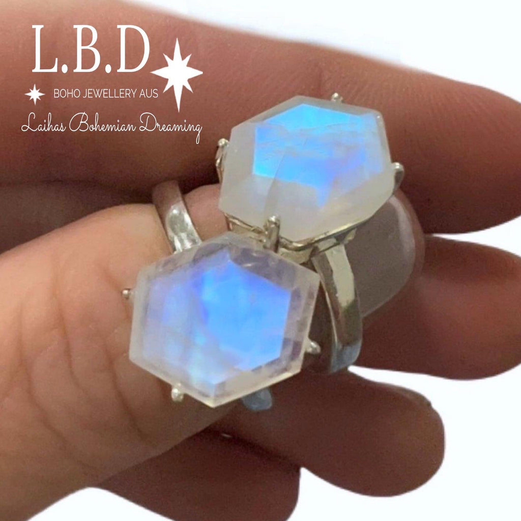 Laihas Miraculous Hexagon Crystal Moonstone Ring Gemstone Sterling Silver Ring Laihas Bohemian Dreaming -L.B.D