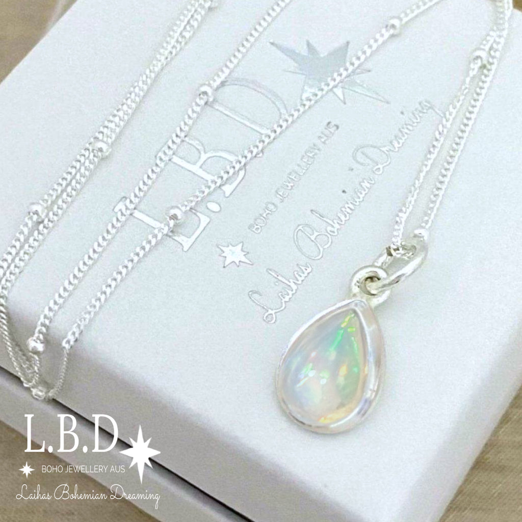 Laihas Classic Chic Raindrop Opal Necklace Gemstone Sterling Silver necklace Laihas Bohemian Dreaming -L.B.D