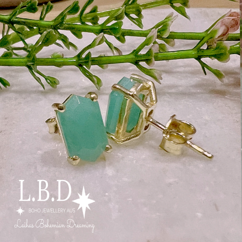 Laihas Hex Crystal Gold Amazonite Stud Earrings Gold Gemstone earrings Laihas Bohemian Dreaming -L.B.D