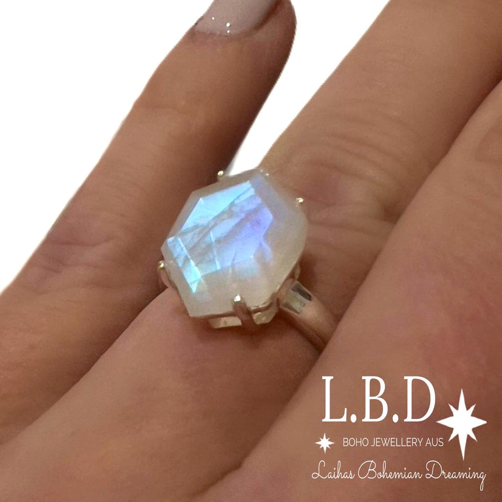 Laihas Miraculous Hexagon Crystal Moonstone Ring Gemstone Sterling Silver Ring Laihas Bohemian Dreaming -L.B.D
