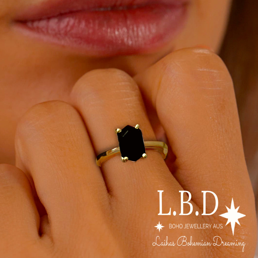 Laihas Gold Mini Hex Crystal Onyx Ring Gemstone Gold Ring Laihas Bohemian Dreaming -L.B.D